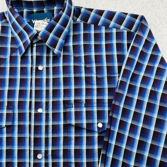Wrangler Western Pearl Snap Plaid Shirt Size M Long Sleeve Blue Cotton Cowboy - Picture 4 of 10